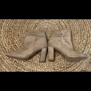 Tan suede heels with gold buttons